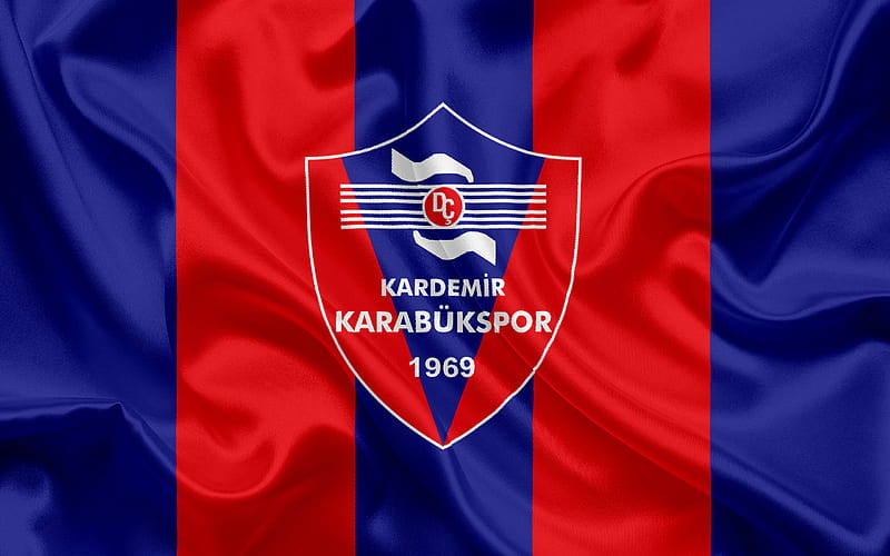 Kardemir Karabükspor, Turkish football club, emblem, Karabükspor logo, blue red silk flag, Karabuk, Turkey, Turkish Football Championship, HD wallpaper