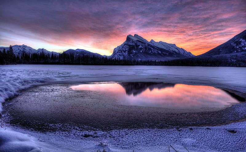 beautiful sunrise by a thawing lake, mountain, thaw, sunrise, reflection, lake, HD wallpaper