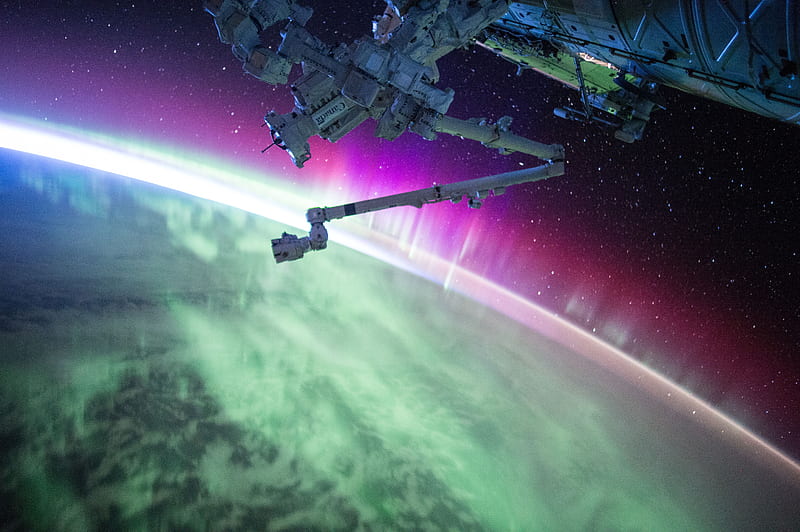 graphy of purple and green aurora beam below grey space satellite, HD wallpaper