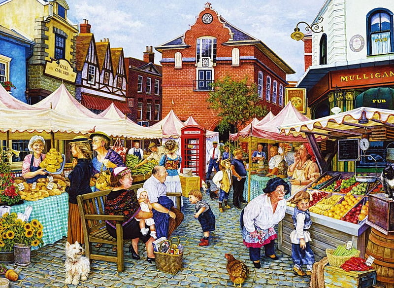 Market in Town, telephone, houses, fruits, bread, bench, artwork, England, people, vegetables, dog, HD wallpaper