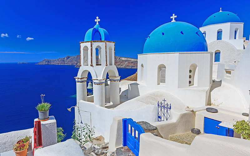 Santorini, summer, travel, Greece, Aegean Sea, white houses, HD wallpaper