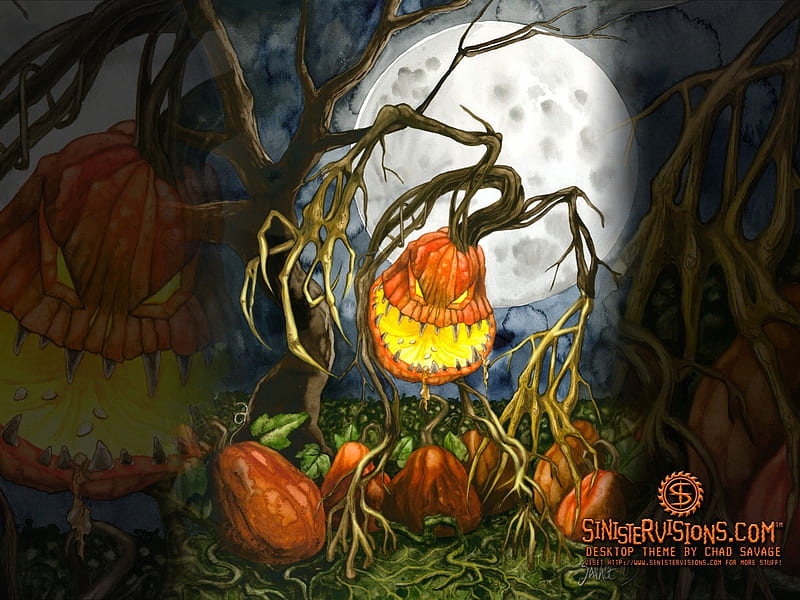 Scary Pumpkin Face, pumpkin patch, halloween, full moon, night, HD wallpaper