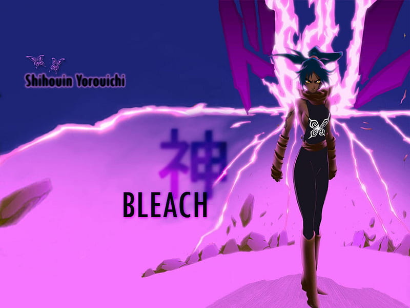 Goddess of Flash, bleach, purple background, female, electricity, shihouin yoruichi, lightning, yoruichi, anime, yoruichi shihouin, lone, HD wallpaper