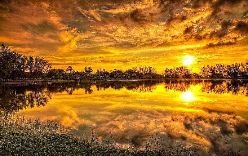 Sunset Reflection off a Lake, Reflection, Lake, Trees, Sunset, HD ...