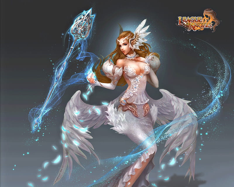 Angel, wings, luminos, game, woman, fantasy, girl, feather, gris, magical, beauty, white, league of angels, blue, HD wallpaper
