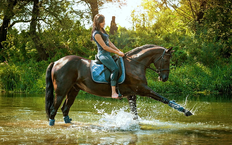 Cowgirl Riding Barefoot, cowgirl, model, blonde, creek, horse, HD wallpaper