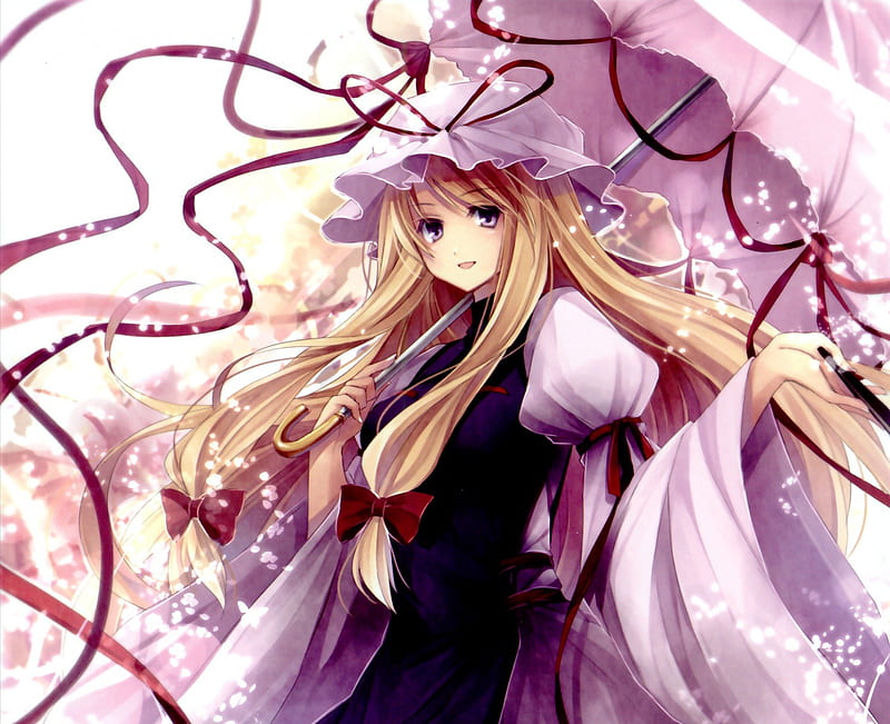 Yakumo Yukari, dress, ribbon, umbrella, bow, hat, girl, anime, touhou, HD wallpaper