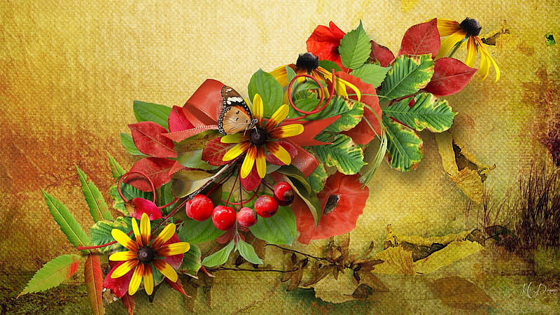 Poppies and Brown Eyed Susans, fall, Firefox Pesona theme, autumn, leaves, brown eyed susans, poppies, flowers, butterflies, HD wallpaper