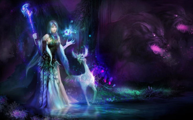 Witch and Beast, staff, witch, no fear, female, magic, woman, wizard, deer, fantasy, darkness, beast, monster, lady, night, HD wallpaper