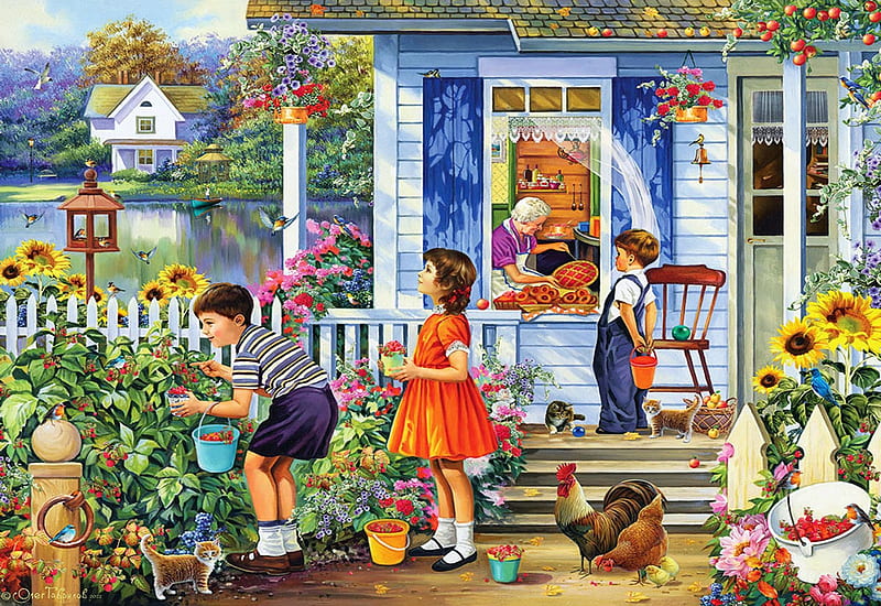 Picking Berries For Grandma's Pies, garden, children, flowers, house, painting, HD wallpaper