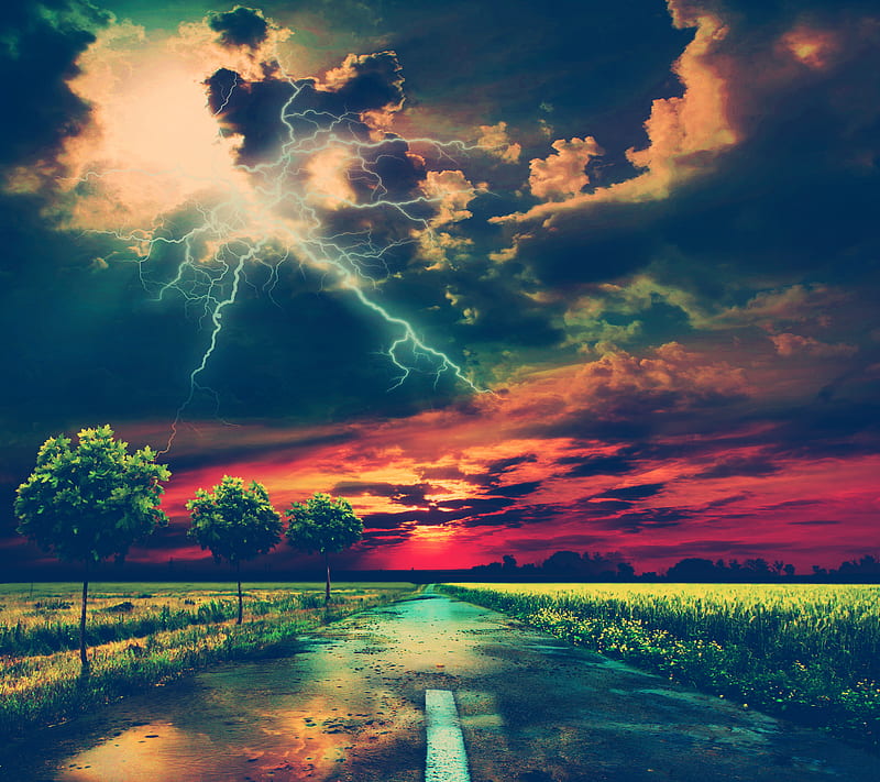 Lightning, abstract, cloudy, nature, road, sunset, HD wallpaper