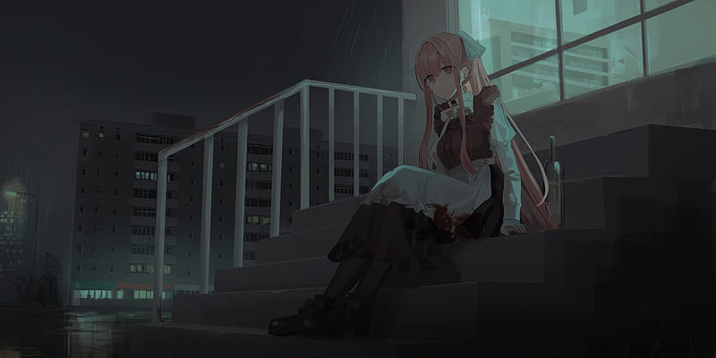 yandere anime girl, maid outfit, pink hair, stairs, resting, Anime, HD wallpaper
