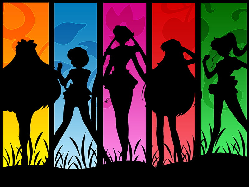 Sailor Moon, sailor jupiter, group, anime, sailor mars, hot, anime girl, girls, sailormoon, female, sailor venus, black, sailor mercury, collage, sexy, cute, girl, dark, HD wallpaper