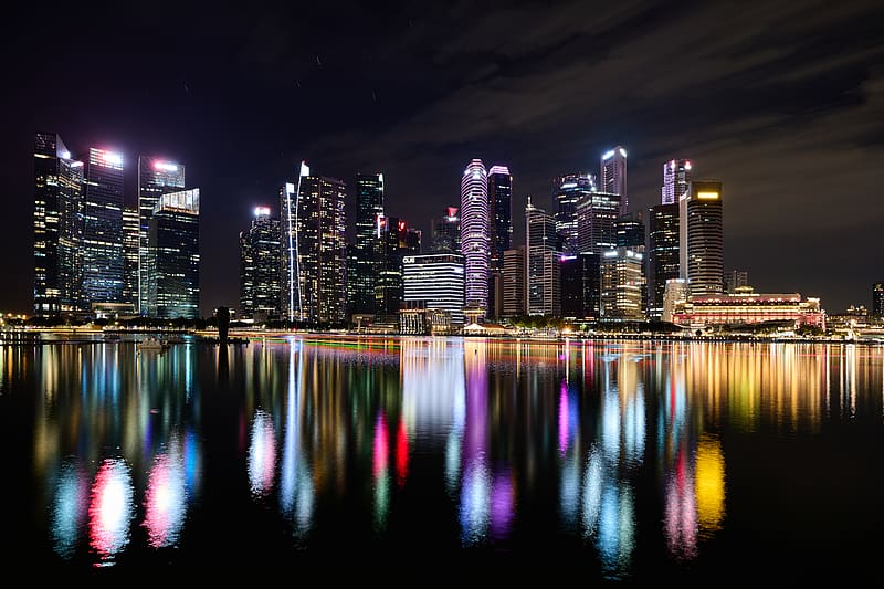 buildings, lights, river, reflection, night, city, singapore, HD wallpaper