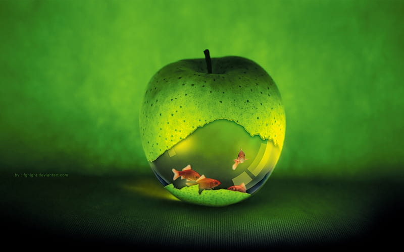 apple fish bowl, apple, fishes, fish, abstract, graphy, cool, green, bowl, HD wallpaper