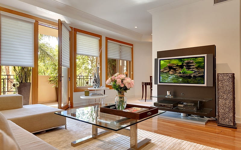 living room, glass table, tv, sofa, HD wallpaper