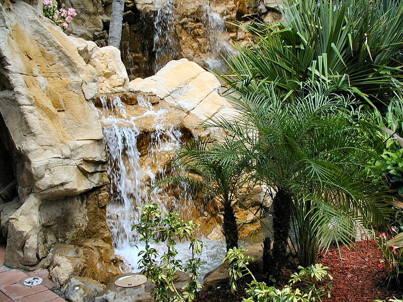 Tropical Gardens, rocks, waterfall, garden, tropical, palms, HD wallpaper