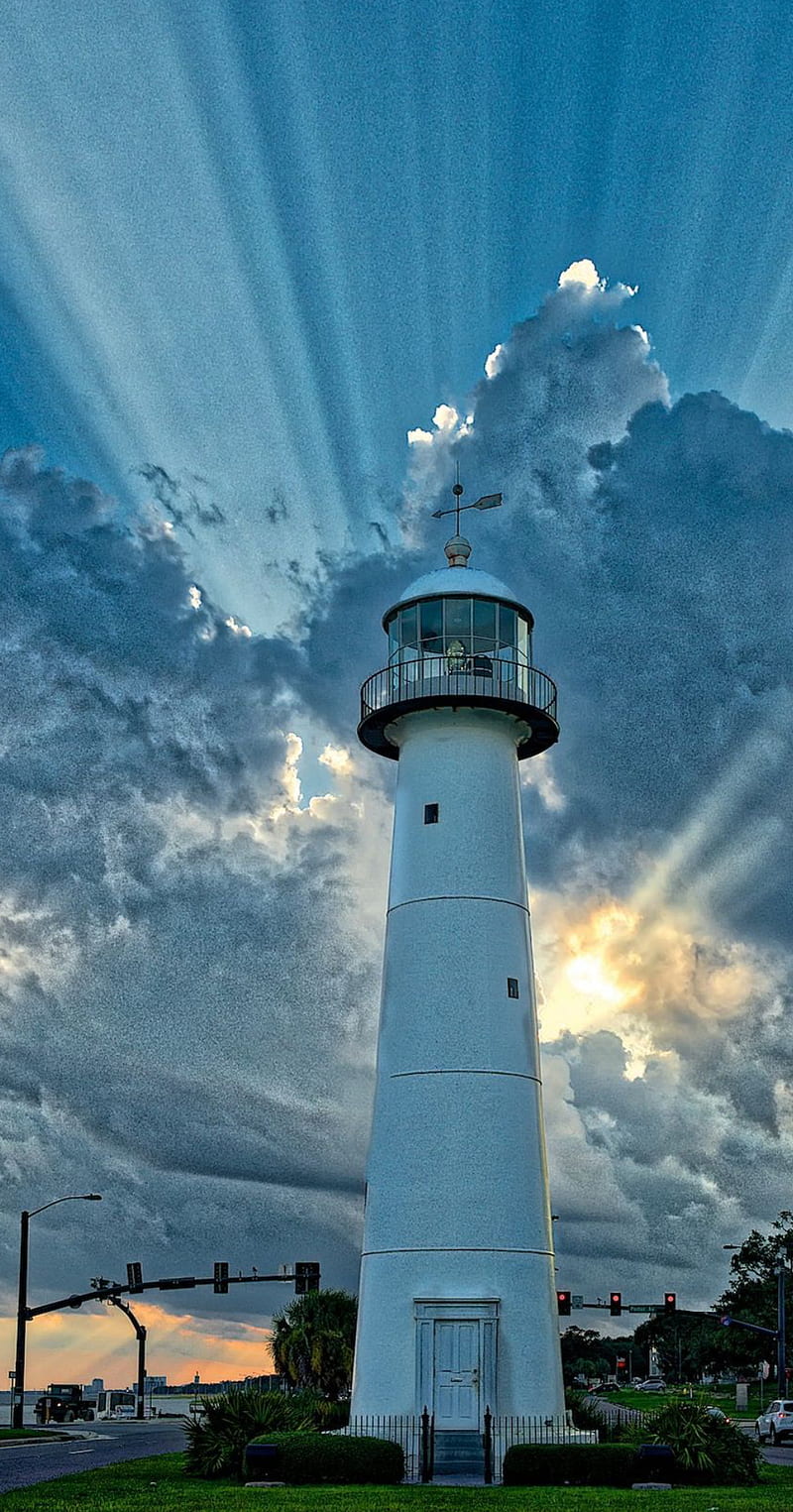 Lighthouse sunset, bonito, beauty, cloudy, house, light, nature, sunrise, HD phone wallpaper