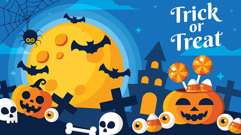 Jack-O-Lantern Trick Or Treat Spider Pumpkins Skeleton Bats Cute Halloween, HD wallpaper