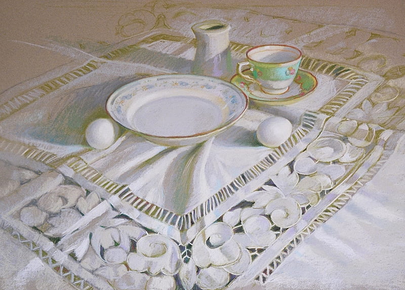 Breakfast Setting, meal, table, saucer, lace, cloth, clean, breakfast, two, eggs, cup, plate, white, creamer, HD wallpaper