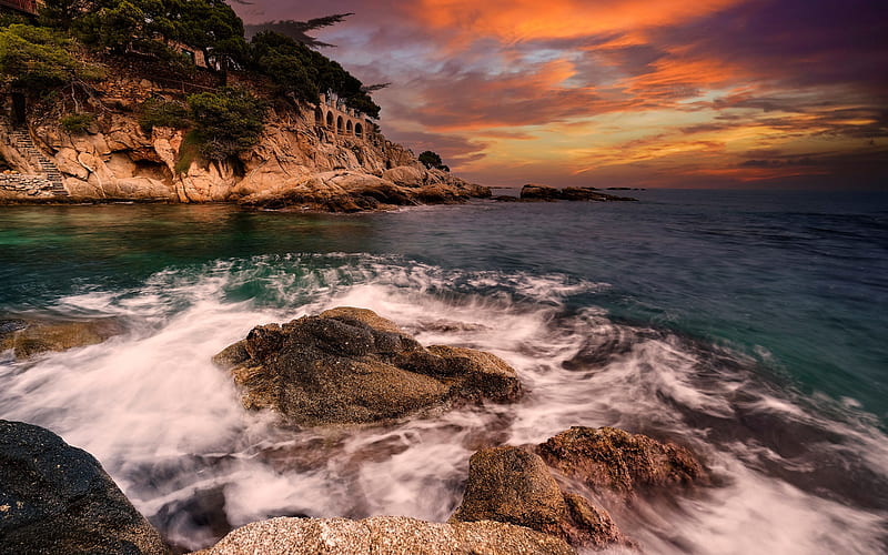Costa Brava, Balearic Sea, coast, evening, sunset, seascape, Catalonia, Spain, HD wallpaper