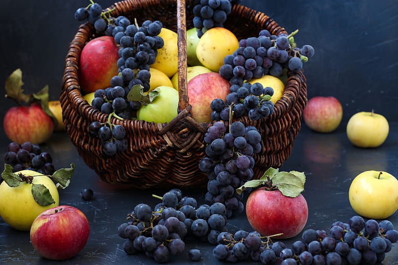 Fruits, Fruit, Apple, Basket, Grapes, Still Life, HD wallpaper