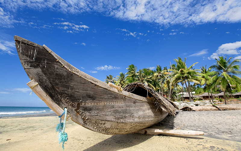 Old Boat, cano, bonito, old, clouds, sea, beach, sand, boats, boat, abandoned, ocean, sky, trees, palms, water, 3d, nature, tropical, wooden, HD wallpaper