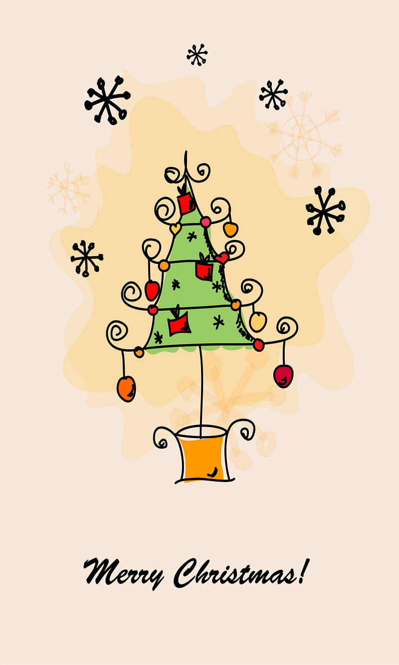 christmas card, christmas tree, merry christmas, ornaments, snowflake, HD phone wallpaper