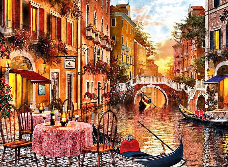 Venezia F1C, architecture, art, Italy, cityscape, bonito, artwork, Venice, bridge, painting, wide screen, gondola, scenery, HD wallpaper