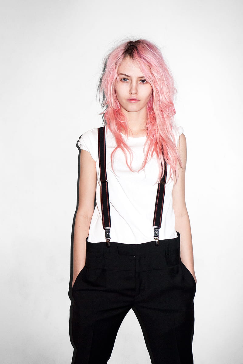 Charlotte , women, model, blue eyes, pink hair, long hair, hands in pockets, white background, HD phone wallpaper