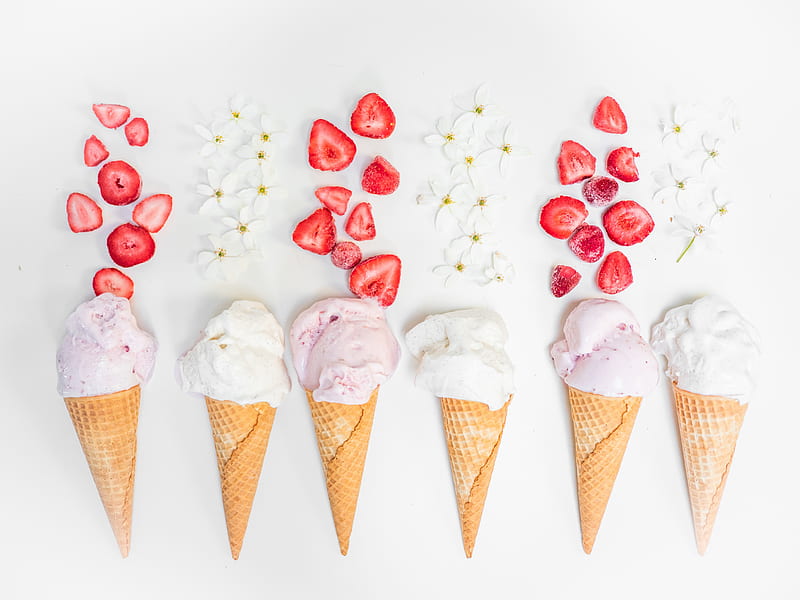 ice cream, waffle, strawberries, dessert, HD wallpaper