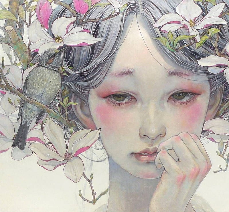 Magnolia, bird, miho hirano, art, fantasy, girl, pasari, chalk, spring, HD wallpaper