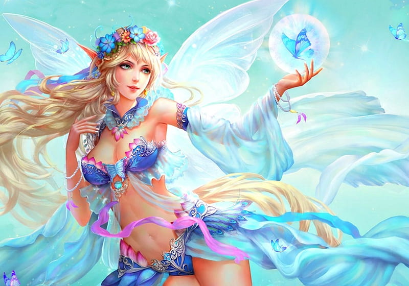 Fairy, frumusete, wings, bubble, luminos, game, blonde, woman, fantasy, butterfly, girl, magical, beauty, pink, blue, HD wallpaper