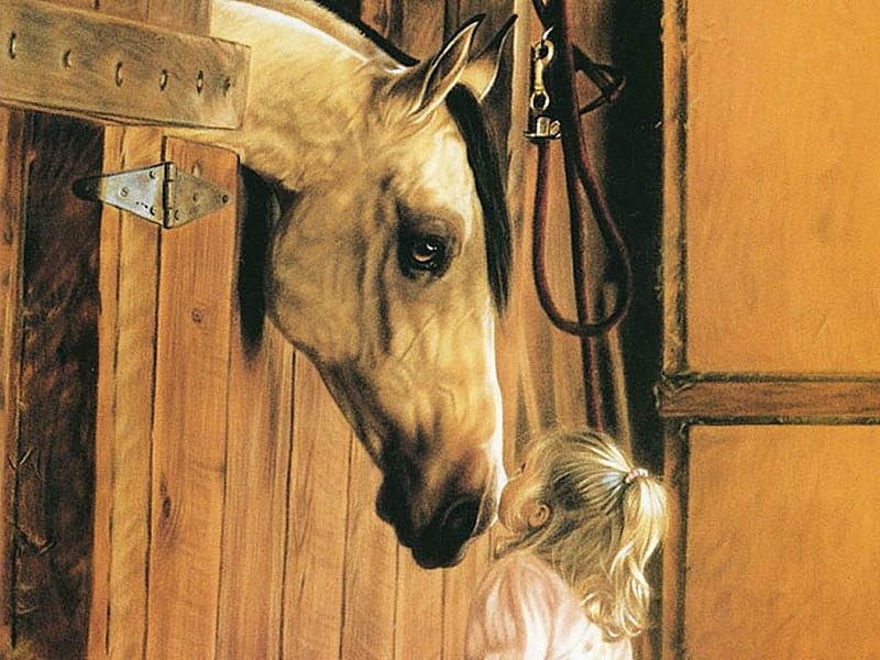 Sweet kiss, friend, cat, horse, run, animal, girl, people, love, nature, HD wallpaper