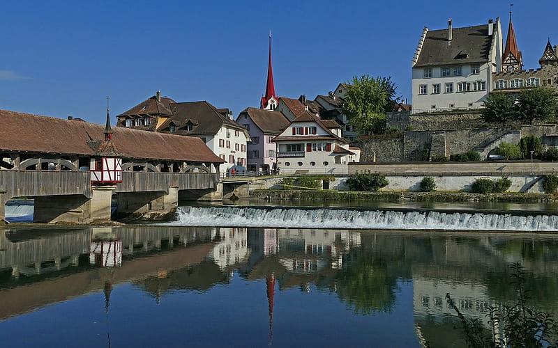 Bremgarten, Aargau, Switzerland, river, bridge, houses, town, reflection, HD wallpaper