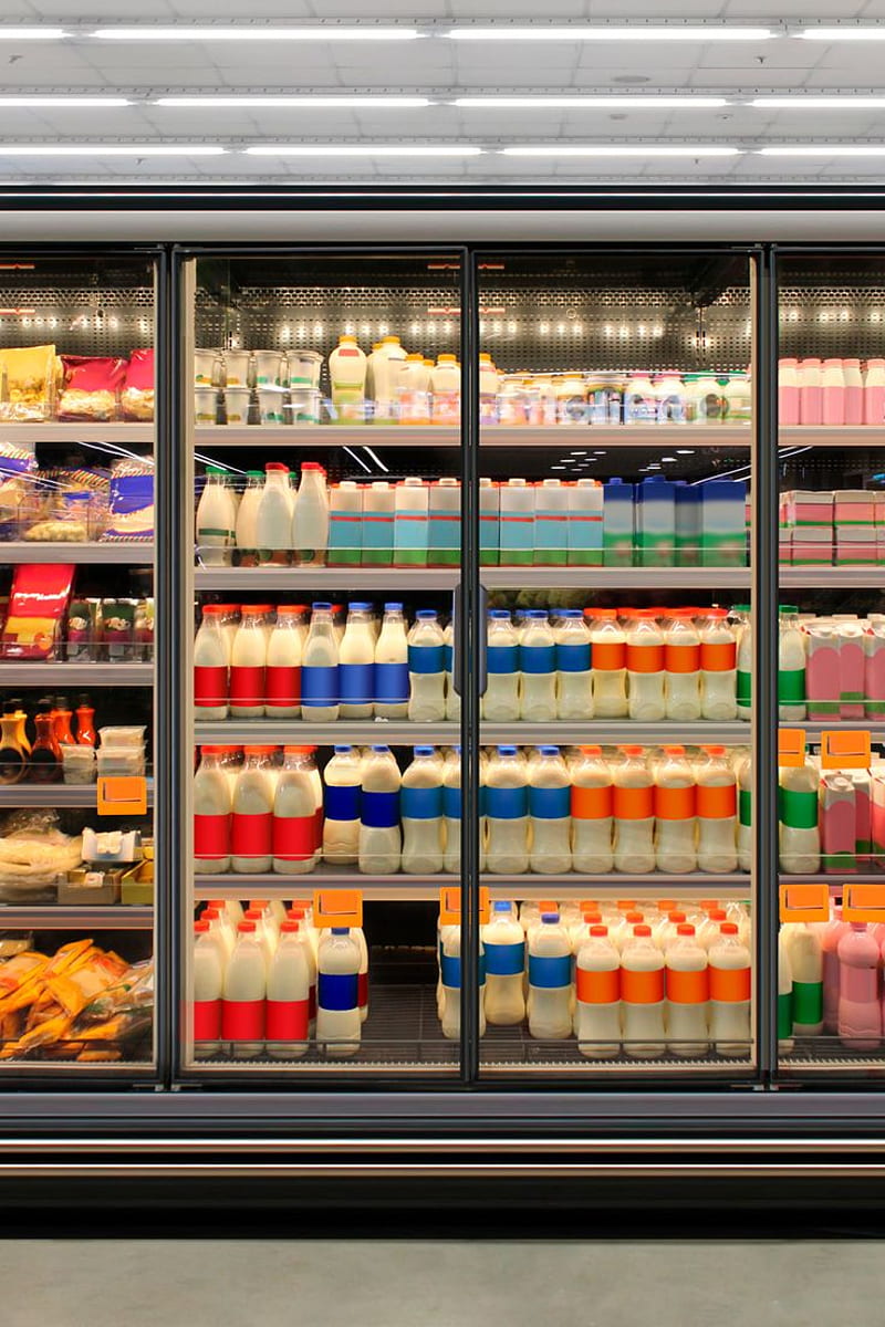 Dairy product in Glass door fridge Horizontal mockup yogurt and milk and plastic diary bottles in ve. Supermarket design, Aesthetic background, Supermarket, Grocery Store, HD phone wallpaper