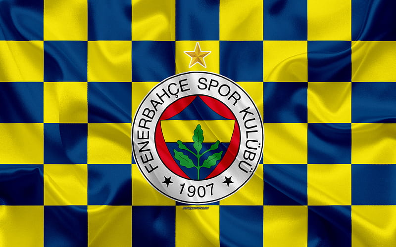 Fenerbahce logo, creative art, yellow-blue checkered flag, Turkish football club, emblem, silk texture, Istanbul, Turkey, HD wallpaper