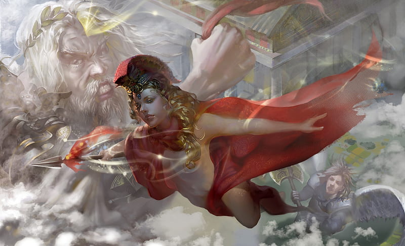 Athena, red, art, cloud, luminos, goddess, hgjart, zeus, fantasy, girl, white, god, HD wallpaper