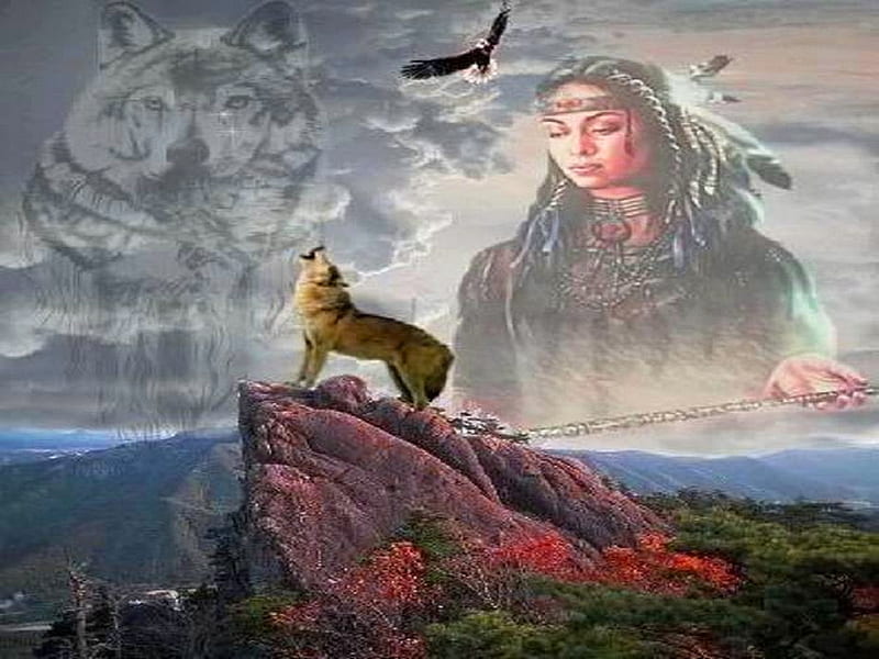 Kindred spirits, eagle, native, wolf, woman, HD wallpaper