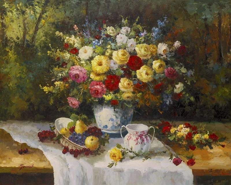 Still Life, bouquet, fruits, painting, flowers, vase, artwork, porcelain, HD wallpaper