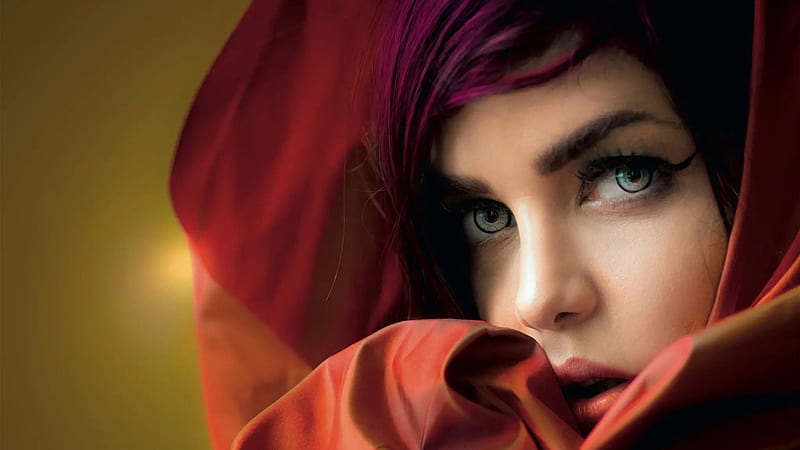 Beauty, joachim bergauer, red, model, girl, scarf, face, woman, HD wallpaper