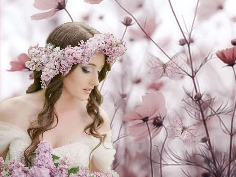 Lilac Bride, etheral women, flower crown wreath, soft, womens wardrobe, women are special, delicate, female trendsetters, the WOW factor, bride, pastel, HD wallpaper
