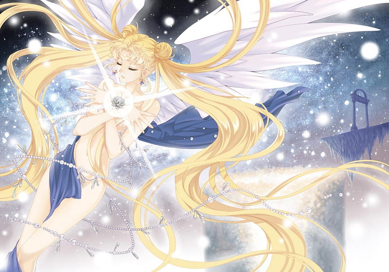 Sailor Moon, transformation, pretty, bonito, sweet, anime, beauty, long hair, feathers, blue, night, stars, art, wings, lovely, angel, black, blonde, cute, mooon, girl, white, HD wallpaper