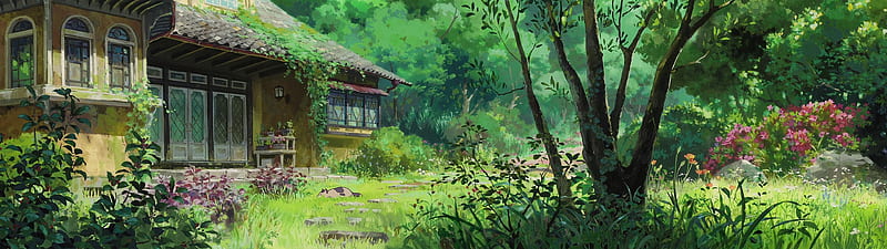 karigurashi no arrietty, anime landscape, forest, house, dual screen, cottage, HD wallpaper