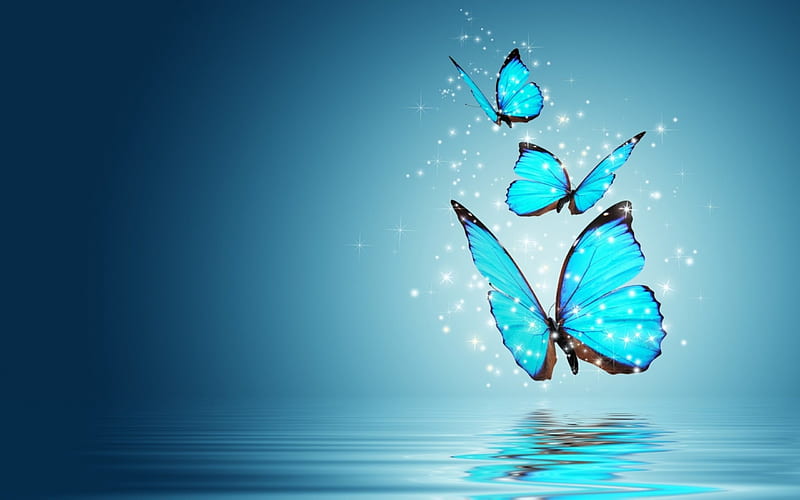 Butterflies, wings, butterfly, three, artwork, insects, blue, HD wallpaper