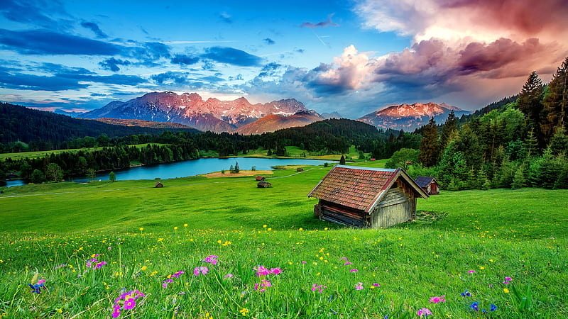 Alpine paradise, hills, hut, house, grass, cottage, view, bonito, cabin, alps, lake, mountain, paradise, wildflowers, summer, slope, meadow, HD wallpaper