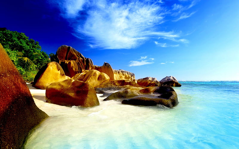 SUMMER PARADISE, Seychelles Beach, beach, rocks, Indian Ocean, paradise, summer, palms, HD wallpaper