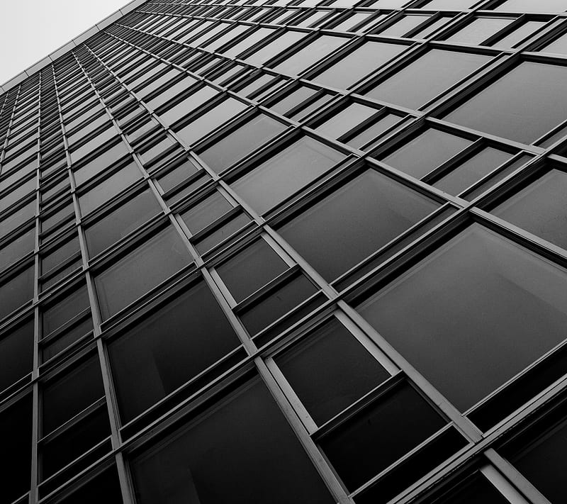 Building, black and white, glass tower, windows, HD wallpaper