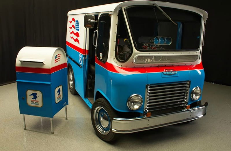 Post Office Van, White, Red Stripe, Blue, Big Motor, HD wallpaper