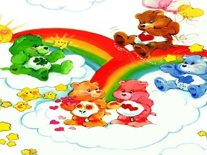Care Bear Hugs, stars, rainbows, sun, hugs, balloons, clouds, care bears, HD wallpaper